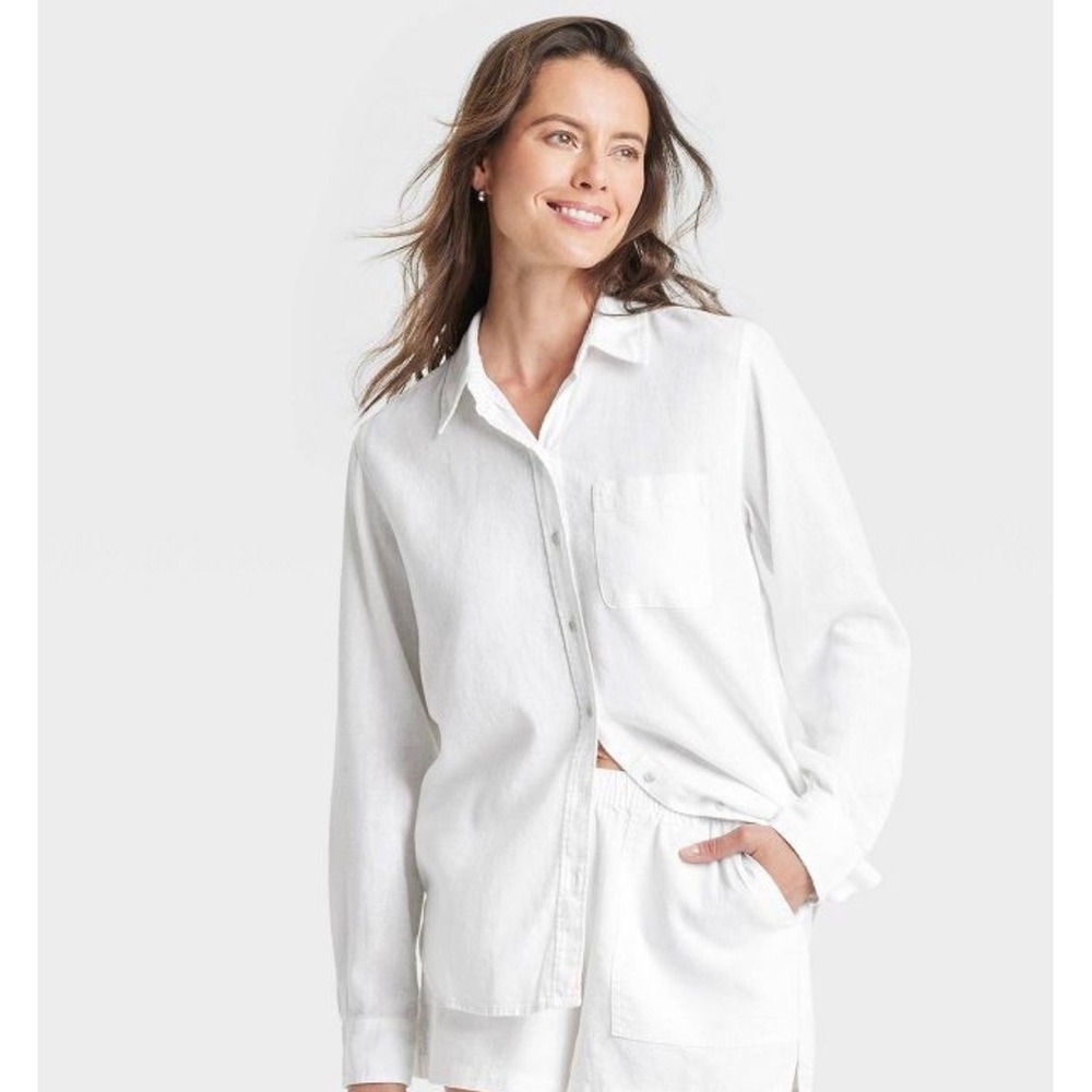 Universal Thread White Linen Blend Relaxed Fit Button Down Shirt Medium NWT